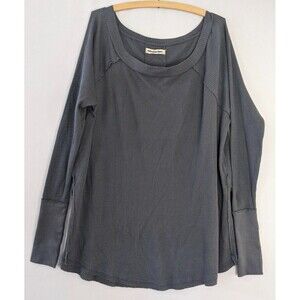 We the Free Top Cotton Waffle Knit Raw Edge Long Sleeve Gray